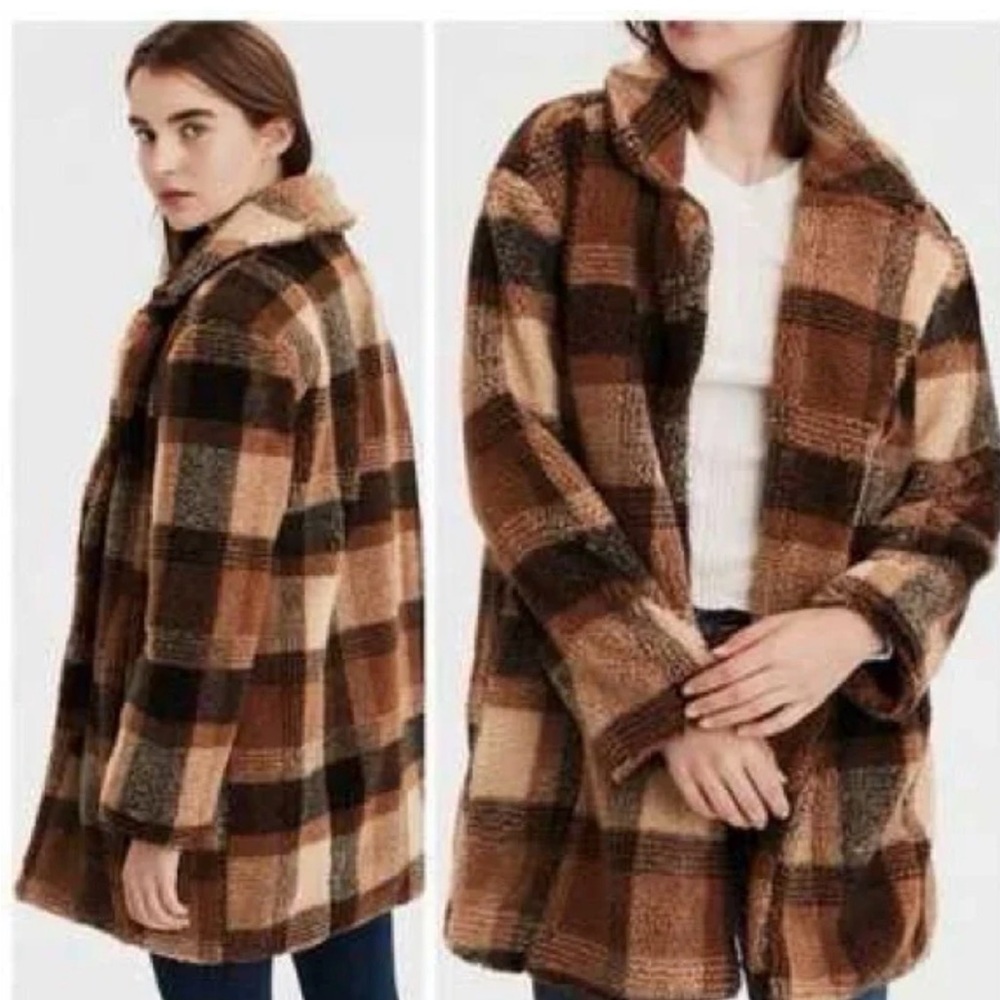 American Eagle Women's Oversized Faux Sherpa Plaid BrownCoat Size XS old money - Picture 1 of 6